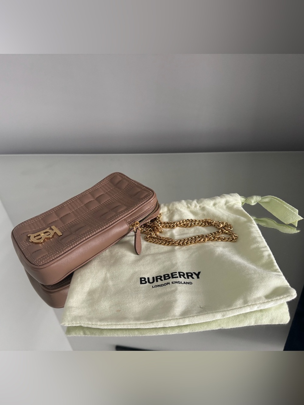 Burberry LOLA Quilted Lambskin Leather Crossbody Pouch Bag Tan Color with Chain